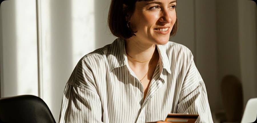 Empresária sorrindo com um cartão na mão